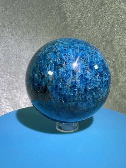 Blue Apatite Crystal Sphere. 58mm. Stunning Deep Blue With Lots Of Iridescent Flash. High Quality Display Sphere