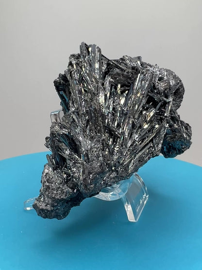 Stibnite Antimonite Specimen. Very Rare And Stunning Iridescent Crystal Cluster. Amazing Flashy Mineral Display