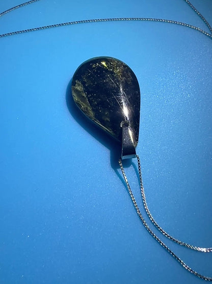 Epidote Teardrop Pendant. High Quality Gorgeous Epidote With Internal Fire From Peru. Amazing Yellow Flash. Includes S925 Silver Necklace.
