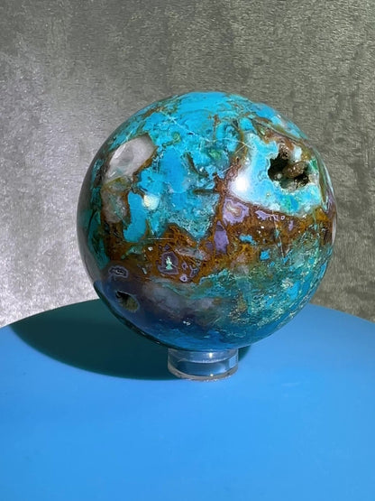 Chrysocolla Druzy Sphere. 56mm. Amazing Patterns With Vibrant Colors. Gorgeous Druzy With Rare Spots Of Purple.