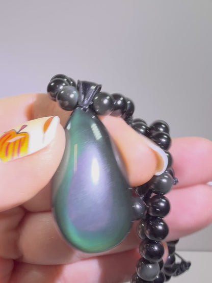 Rainbow Obsidian Pendant. Gorgeous Teardrop Cabochon. Custom Made Beaded Necklace. High Quality Jewelry