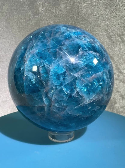 Blue Apatite Crystal Sphere. 60mm. Gorgeous Deep Blue With Lots Of Iridescent Flash. High Quality Display Sphere