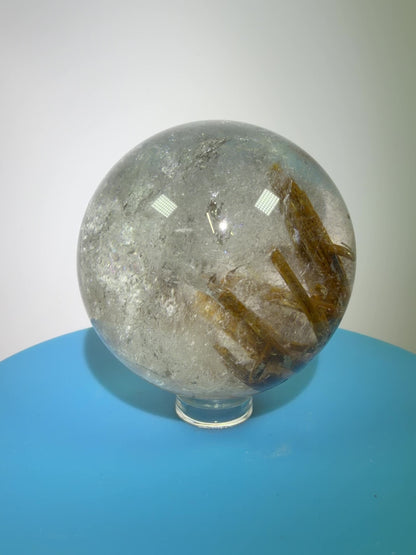 Tourmaline Quartz Sphere. Rare Tourmaline Sphere With Rainbows. Tourmalinated Quartz Display Crystal