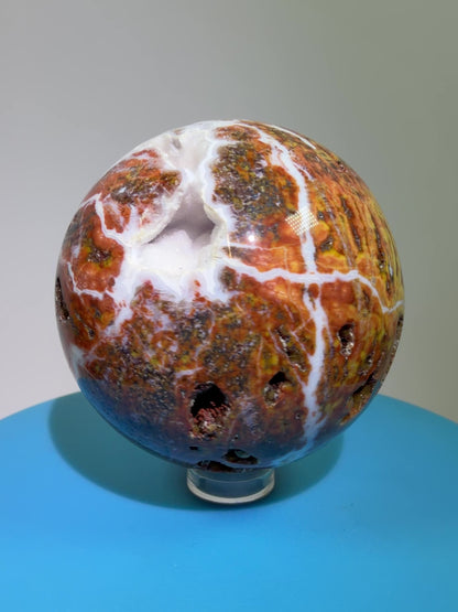 Ocean Jasper Sphere. 61mm. Beautiful Sugar Druzy Sphere. High Quality With Gorgeous Rare Colors