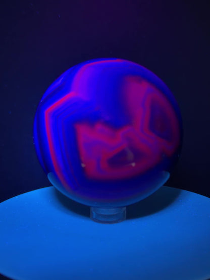 Black Rose Fluorite Sphere. 63mm. Incredible UV Reactive Crystal With Rainbows. Bright Red And Purple Reaction. Rare Display Sphere.