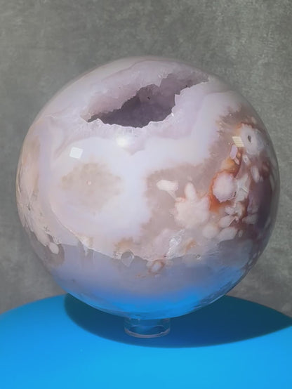 Flower Agate Sphere. 90mm. Beautiful Druzy On This Large Centerpiece. Amazing One Of A Kind Display Sphere.