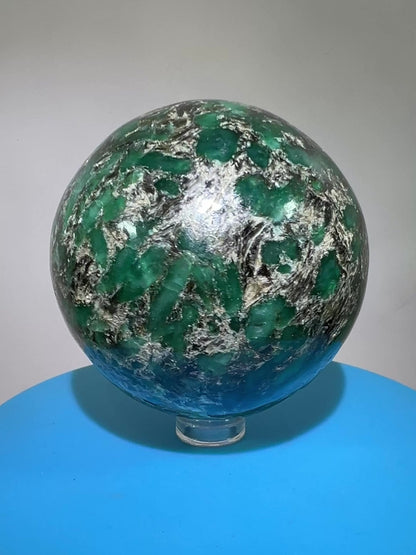 Emerald Mica In Matrix Crystal Sphere. 68mm. Gorgeous Chrome Muscovite From Zimbabwe. Amazing One Of A Kind Rare Display Crystal