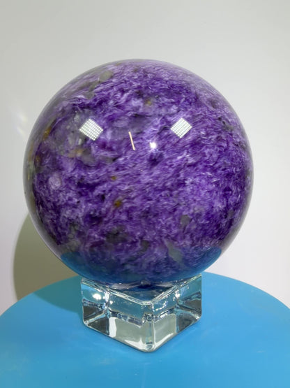 Charoite Crystal Sphere. 79mm. XL High Quality Stunning Crystal. Amazing Patterns And Flash. Gorgeous UV Reaction.