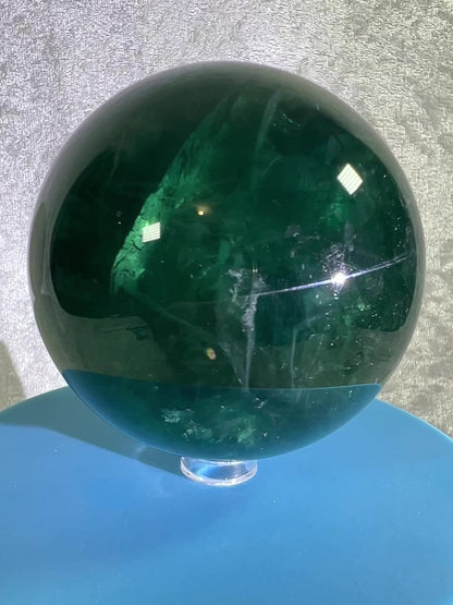 Green Fluorite Sphere. 76mm. Rare Emerald Green Fluorite. Comes With A White Light Stand. Gorgeous High Quality Crystal
