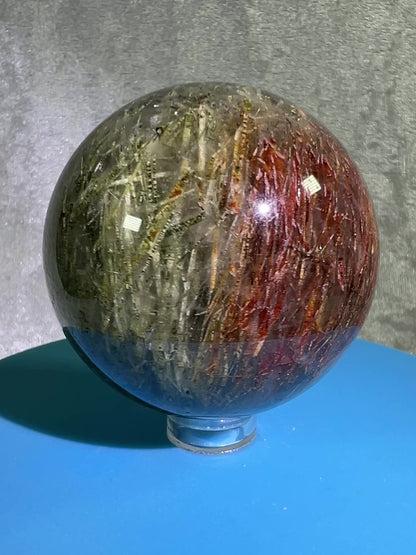 Tourmalinated Quartz Sphere. 56mm. Amazing Green And Red Tourmaline Inclusions. Stunning Rare Display Sphere.
