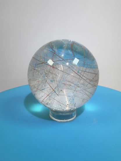 Rutile And Tourmaline Quartz Sphere. 39mm. Amazing Combination Of Red Rutile And Tourmaline. Very Rare Display Sphere