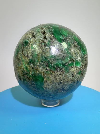 Emerald Mica In Matrix Crystal Sphere. 64mm. Gorgeous Chrome Muscovite From Zimbabwe. Amazing One Of A Kind Rare Display Crystal