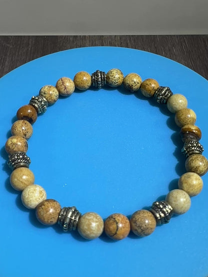 Petrified Wood Crystal Bead Bracelet. 8mm. Unique Crystal Bracelet With Cool Spacers.