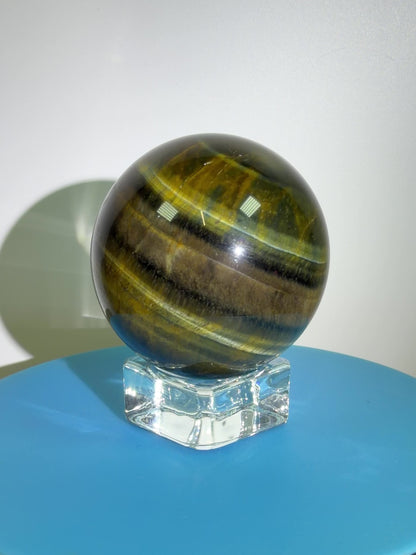 Blue Tigers Eye Sphere. 49mm. Rare Blue And Gold Hawks Eye Crystal. Beautiful Colors And Flash