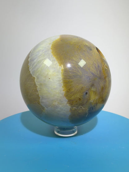 Sagenite Crystal Sphere. 61mm. Incredible Sagenite Plumes With Dendritic Agate. Rare And Unique Crystal Display Sphere