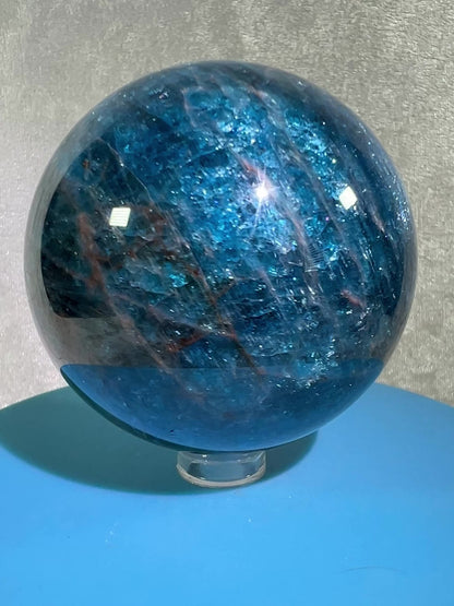 Blue Apatite Crystal Sphere. 66mm. Gorgeous Bright Blue With Lots Of Iridescent Flash. High Quality Display Sphere