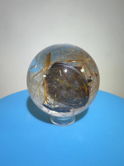 Copper Rutile Quartz Sphere. Stunning Hematite Slab And Rutile Inclusions. Amazing Rare Display Sphere