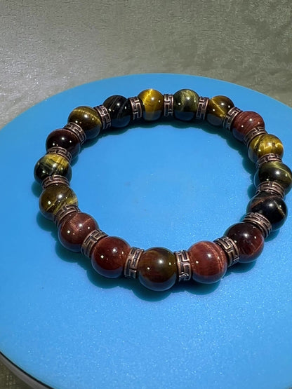 Tigers Eye Crystal Bead Bracelet. Beautiful Red, Blue, And Gold Tigers Eye Bracelet. 10mm. Amazing Bronze Color Spacers.