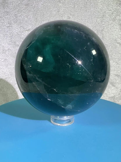 Blue Fluorite Sphere. 61mm. Gorgeous Rare Blue Fluorite. Amazing Dendritic And Rainbow Inclusions.