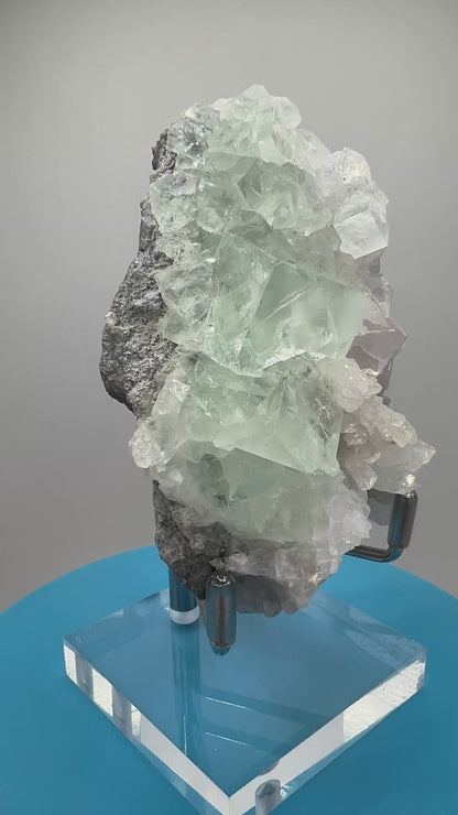 Fluorite And Quartz Mineral Specimen. Stunning Light Green Fluorite Cubes On A Quartz Matrix.