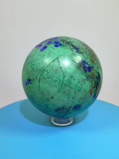 Azurite and Malachite Crystal Sphere. 56mm. Beautiful Deep Colors And Patterns. Stunning Rare Display Piece!