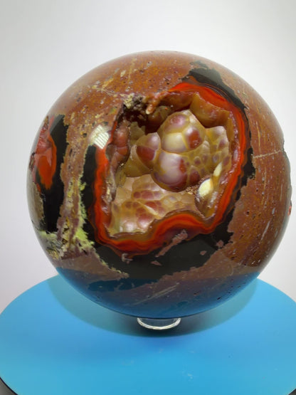 Red Fox Agate Sphere. 89mm. Large Druzy Crater Agate From Argentina. Stunning Rare Botryoidal Nodules