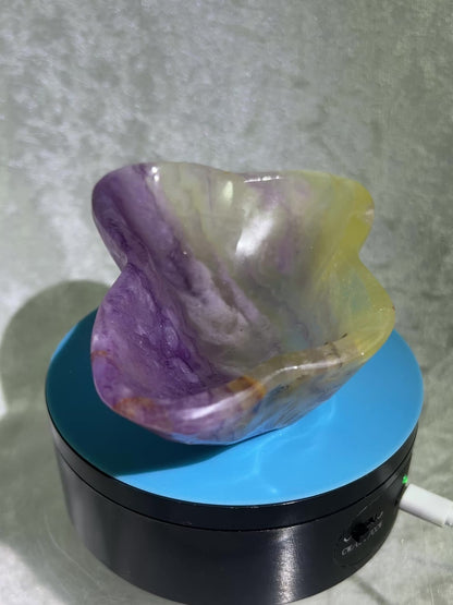 Fluorite Bowl Carving. Gorgeous Purple And Yellow Carving. Hand Carved Amazing Display Crystal.
