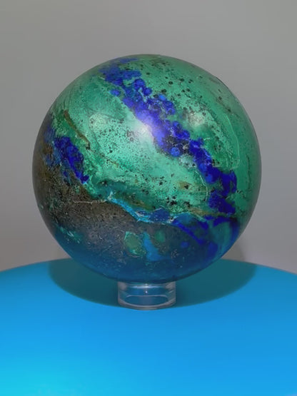 Azurite and Malachite Crystal Sphere. 61mm. Beautiful Deep Colors And Patterns. Stunning Rare Display Piece!