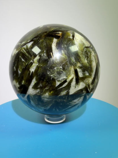 Green Mica And Garnet Sphere. 65mm. Rare Flashy Green Mica With Red Garnet. Gorgeous High Quality Crystal.