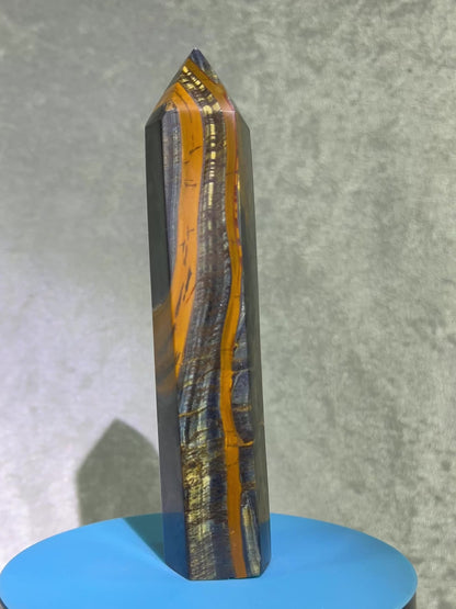 Blue Tigers Eye Tower. 5.85 Inches. Amazing Large Hawks Eye Crystal. Gorgeous Display Tower