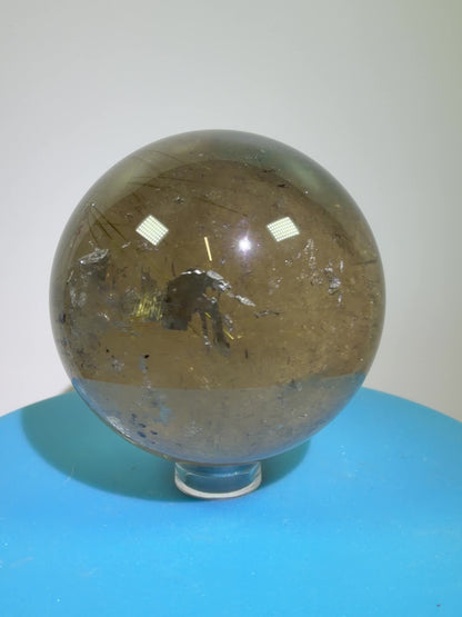 Rutile Quartz Sphere. 58mm. Unique Smoky Quartz With Beautiful Golden Rutile Inclusions.