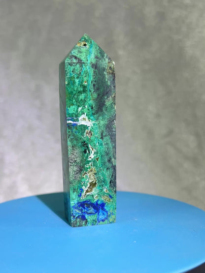 Azurite, Chrysocolla, And Malachite Druzy Tower. Rare And Beautiful Crystal Point.