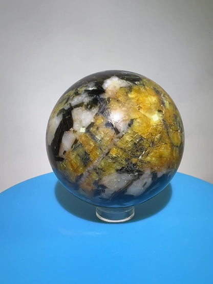 Yellow Tourmaline And Black Mica Sphere. 54mm. Rare New Discovery. Stunning And Flashy Display Sphere.