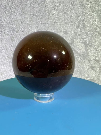 Rutile Quartz Sphere. Gorgeous Dark Smoky Quartz With Garden And Golden Rutile Inclusions. Amazing Rare Sphere!