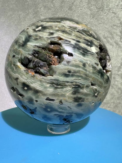 Ocean Jasper Sphere. 69mm. Very Cool Green Druzy. Stunning And Unique Display Sphere.