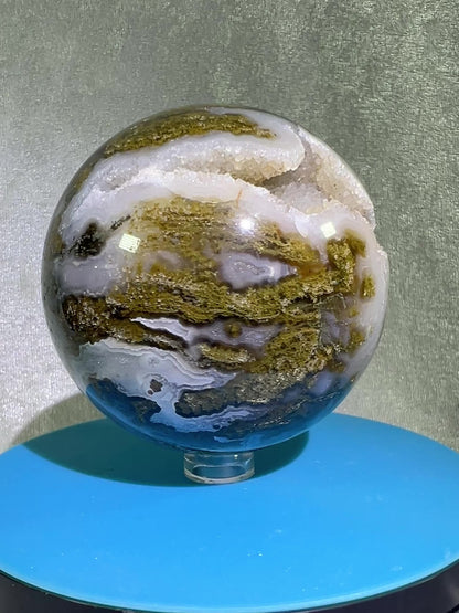 Moss Agate Sphere. 76mm. Amazing Druzy Scenic Moss Agate. Rare Colors With Gorgeous Patterns.