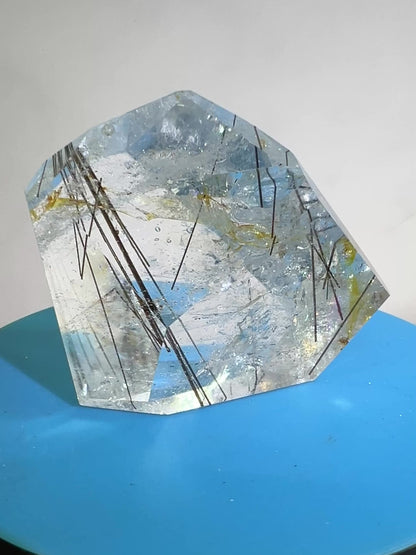 Tourmalinated Quartz Polished Freeform. Amazing Black Tourmaline, Golden Healer, And Large Rainbows.