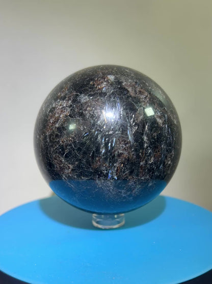 Arfvedsonite Crystal Sphere. 70mm. Flashy Blue Fireworks Jasper Sphere. Large Display Sphere With Great Flash