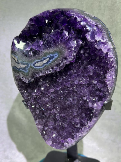 Amethyst Geode Specimen. World Class Uruguayan Specimen. Stunning Top Quality Statement Piece! Custom Made Steel Stand
