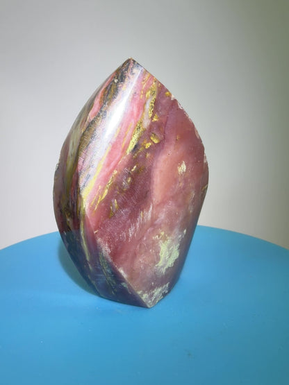 Strawberry Pink Opal Flame From Peru. Gorgeous Bright Colors And Patterns. Rare Display Crystal.