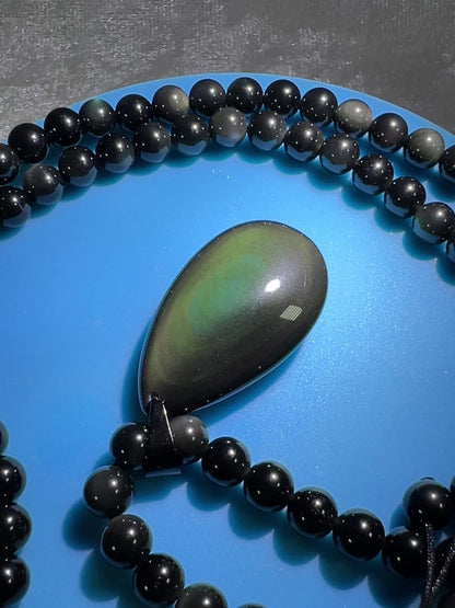 Rainbow Obsidian Pendant. Gorgeous Teardrop Cabochon. Custom Made Beaded Necklace. High Quality Jewelry