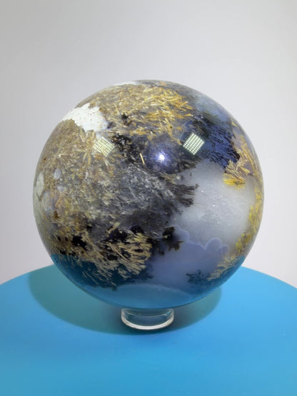 Sagenite Crystal Sphere. 66mm. Incredible Sagenite Plumes With Dendritic Agate. Rare And Unique Crystal Display Sphere