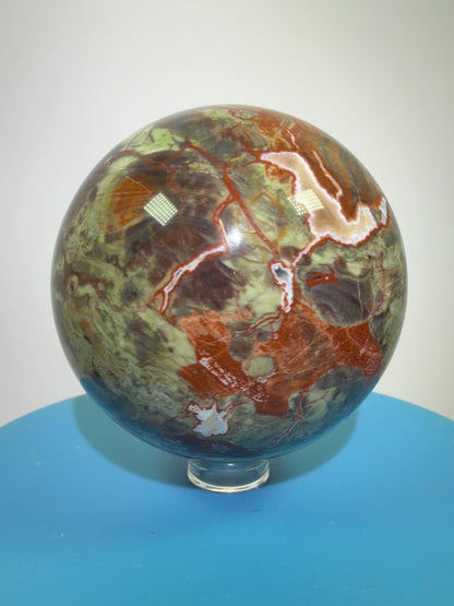 Money Agate Crystal Sphere. 65mm. Very Rare Shades Of Green. Stunning Indonesian Bloodstone. Amazing Colors And Patterns