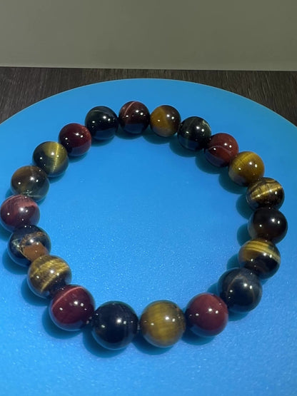 Tigers Eye Crystal Bead Bracelet. Beautiful Red, Blue, And Gold Tigers Eye Bracelet. 10mm