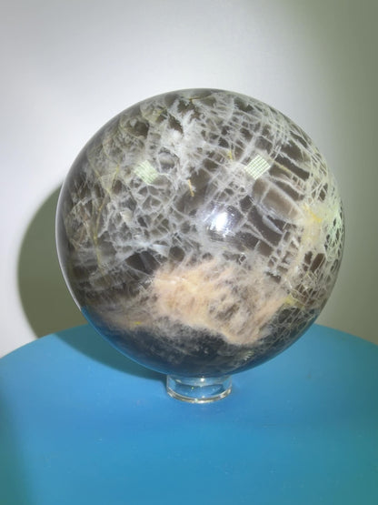 Black Moonstone Crystal Sphere. 66mm. Stunning Bright Silver Flash. High Quality Display Sphere