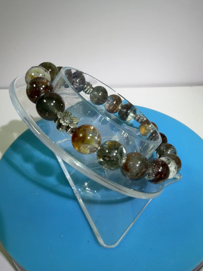 Garden Quartz Crystal Bead Bracelet. Incredible Lodolite Bracelet. 9.5mm. Amazing Flower Spacers.