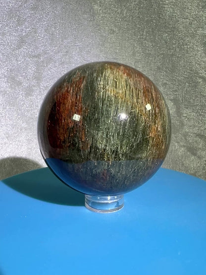 Tourmalinated Quartz Sphere. 52mm. Gorgeous Red And Green Tourmaline Inclusions. Rare And Unique Display Sphere.