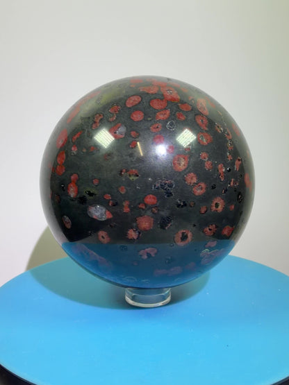 Plum Blossom Jade Sphere: 72mm. Gorgeous Large Display Sphere. Beautiful Color Contrast