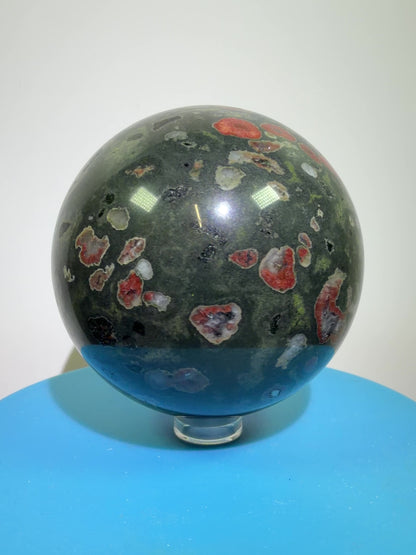 Plum Blossom Jade Sphere: 69mm. Gorgeous Large Display Sphere. Beautiful Color Contrast