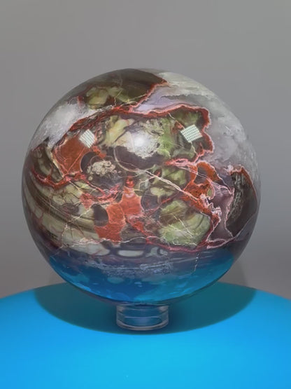 Money Agate Crystal Sphere. 72mm. Very Rare Shades Of Green. Stunning Indonesian Bloodstone. Amazing Colors And Patterns